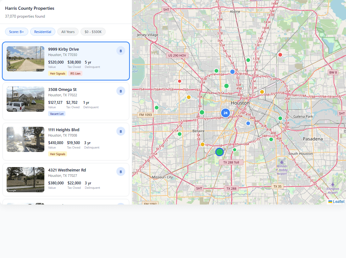 LienSuite case detail showing property scoring, deal grades, and property snapshot